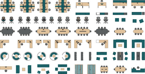 Fototapeta premium Comprehensive set of modern office furniture icons top view for floor plan layout and interior design project