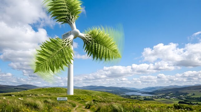 Wind turbine blades morphing into organic leaf shapes in the sky