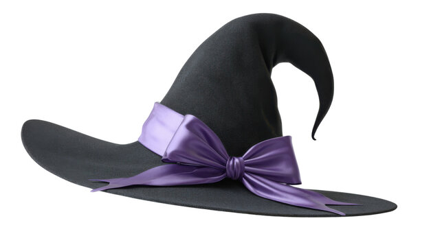 Black pointed witch hat decorated with purple satin ribbon bow, spooky Halloween costume accessory, magical fantasy 3D render, isolated on white background
