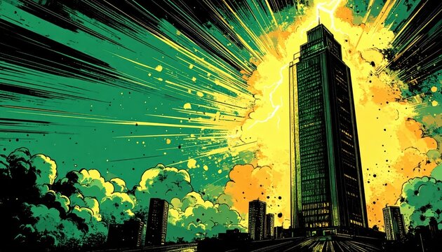 Comic Book Style Illustration of a Skyscraper During a Massive Energy Explosion with Bright Rays and Copy Space