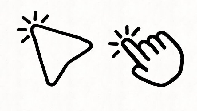 
Cursor arrow and clicking hand represent online interaction, website navigation, button selection and user interface actions for apps, web pages and digital platforms.