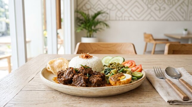 Nasi Rendang. Nasi Rendang daging sapi. Indonesian Beef Rendang with Rice. Nasi Rendang Kafe Terang. Delicious Indonesian Beef Rendang with Rice Served on Wooden Table in Bright Modern Cafe with Plant