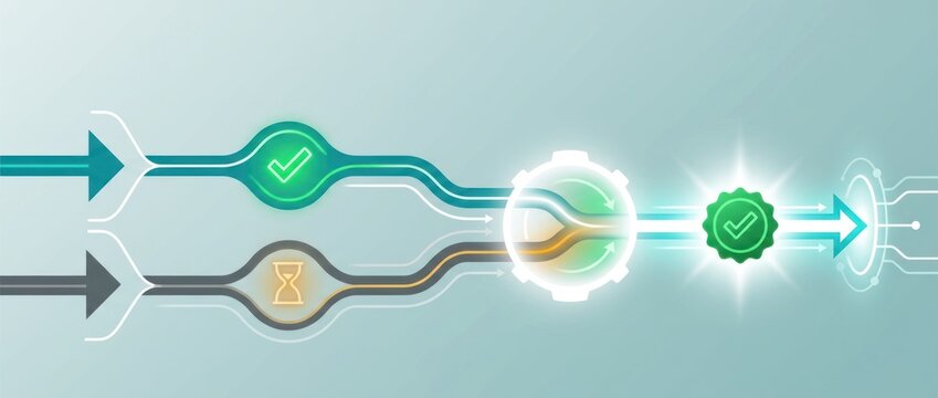 Cross system approval state reconciliation workflow with approved and pending streams converging into one verified decision on clean business process banner