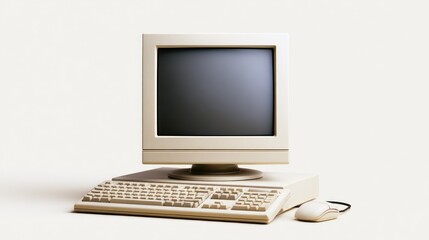 Fototapeta premium An old, white computer monitor and keyboard on a plain, light-colored surface.