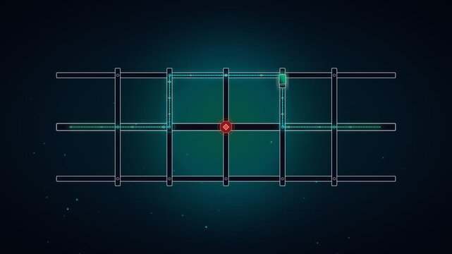 Abstract glowing grid network with red center point and digital connections