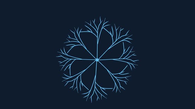 Blue branched fractal geometry motion footage featuring symmetric floral patterns rotating in a dark digital space