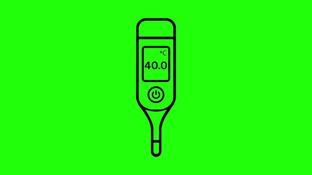 Digital thermometer showing rising body temperature values on solid green background graphic motion.