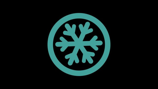 Cyan snowflake icon inside a circle animation motion graphic isolated on a deep black background