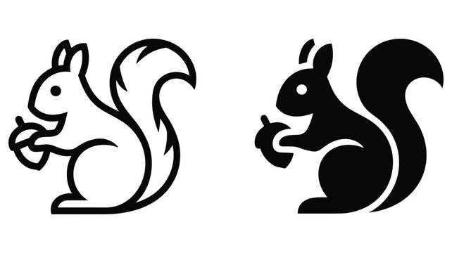 Two icons of a squirrel holding an acorn, presented in both outline and solid black silhouette styles, isolated on a white background