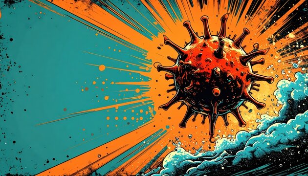 Pop art illustration of a microscopic red virus against a dynamic orange and teal background with clouds and plenty of copy space for text.