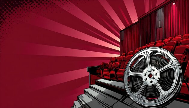 Comic Book Style Movie Theater Illustration with Red Cinema Seats, Film Reel, and Large Copy Space Area