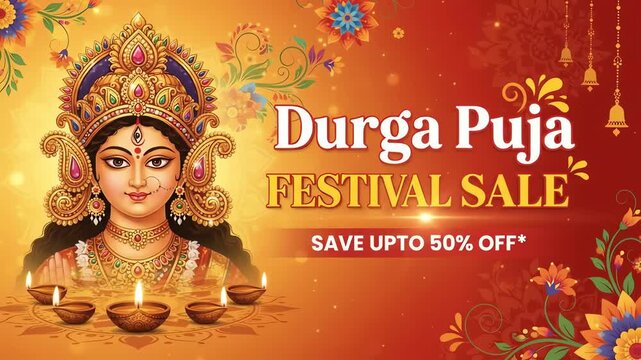 Durga Puja Festival Sale Graphic with Goddess Durga and Diyas