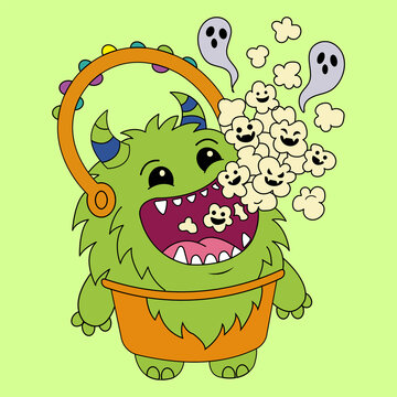 Cute Halloween Monster Bucket Eating Popcorn