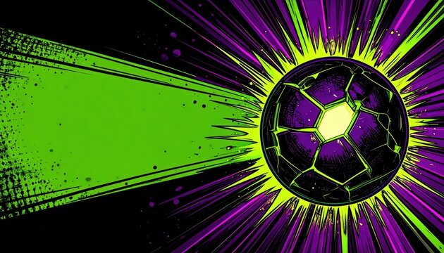 Dynamic Comic Style Soccer Ball Illustration with Exploding Neon Green and Purple Speed Lines and Ample Copy Space for Sports Event Banner