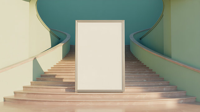Blank vertical poster mockup standing upright in the center of outdoor stone stairs between railings