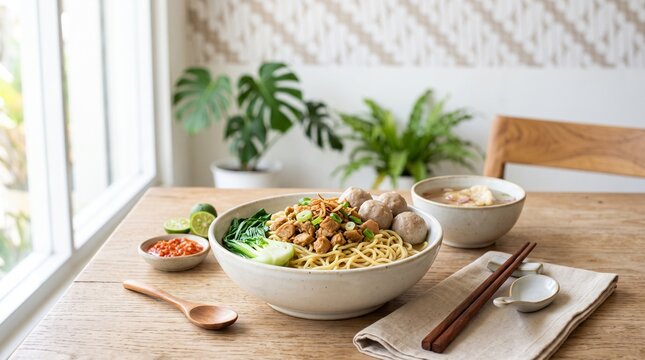 Mie Ayam Bakso. Mie Ayam Bakso kuah pangsit. Indonesian Chicken Noodle with Meatballs. Mie Ayam Bakso Kafe. Warm Indonesian Chicken Noodle Soup with Meatballs Served in Bowl on Wooden Table in Bright 