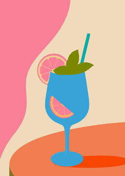 Stilisierter blauer Cocktail im Stielglas mit Zitrusscheiben, Minzbl&auml;ttern und Trinkhalm. Farbenfrohe minimalistische Illustration in Pink, Orange, Beige und T&uuml;rkis.