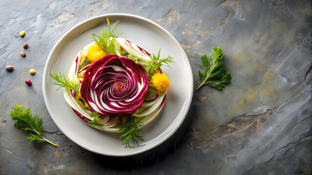 Elegant salad presentation with radicchio fennel and herbs on a dark stone surface