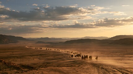 Naklejka premium Caravan of camels and traditional carts traveling across a vast sandy desert landscape at sunset