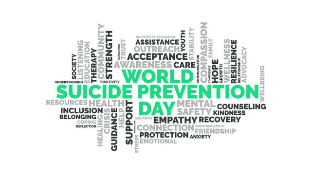 World Suicide Prevention Day word cloud graphic animation featuring gr