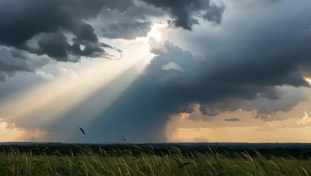 Dramatic golden sun rays breaking through moving storm clouds over landscape.