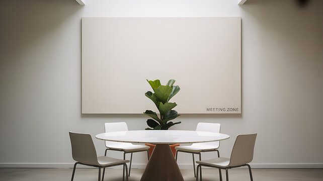 Minimalist conference room featuring a large table and central plant under soft lighting