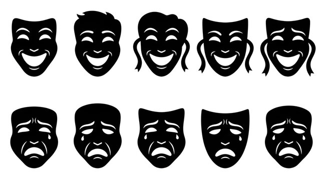 Comedy and Tragedy Theater Masks Silhouette Set on White Background