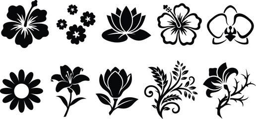 Fototapeta premium Collection of ten black silhouette floral including hibiscus, lotus, orchid, lily, and decorative leaf sprigs on a white background