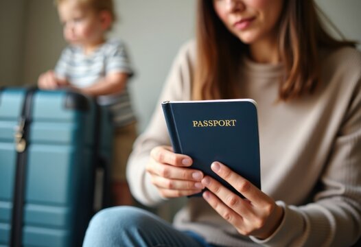 Woman Holding Passport and Sitting Near Child with Suitcase in Background