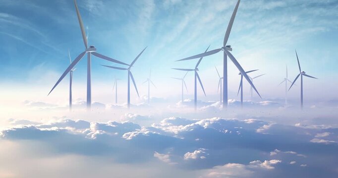 Wind power generators spinning above thick clouds under bright sunlight background. Sustainable clean energy related 3d animation.
