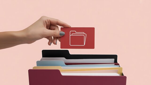 Hand holding a red file folder icon card above a stack of colorful document folders for office management and organization