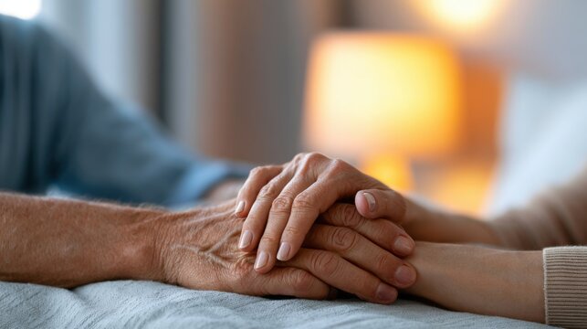 Elderly male and younger female hands gently clasped together on a bed, soft lighting from a lamp creating a warm atmosphere in a hospice setting
