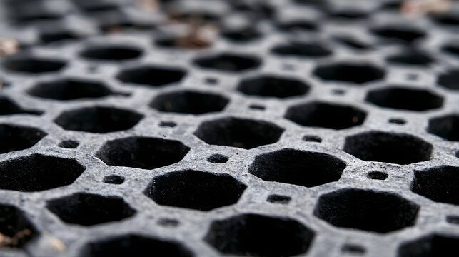 Close up of hexagonal metal grate with deep holes and textured surface under natural lighting