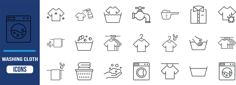 Washing machine laundry process icons. washing machine icon set, t-shirt icon set, laundry basket icon set