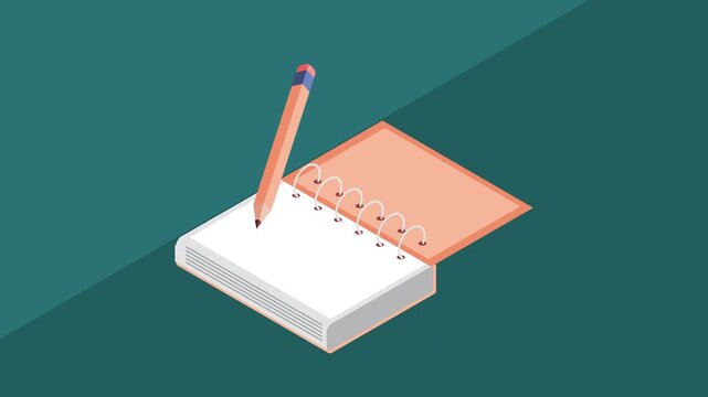 Isometric animation of a spiral notebook with blank pages and a floating pencil writing a line.