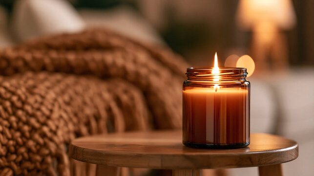Photorealistic close-mid shot of a lit soy candle in an amber glass jar on a wooden side table, soft flickering flame glow, blurred cozy living room background with a knit blanket