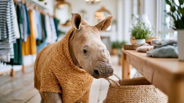 An adorable rhino wearing a stylish knitted sweater, wandering through a chic boutique, merging wildlife and fashion in an unexpectedly delightful setting.