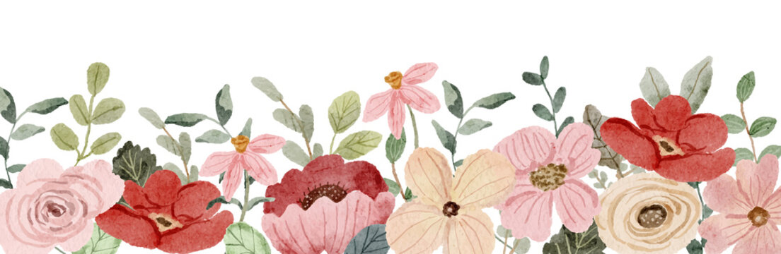 elegant red pink yellow floral watercolor border decoration