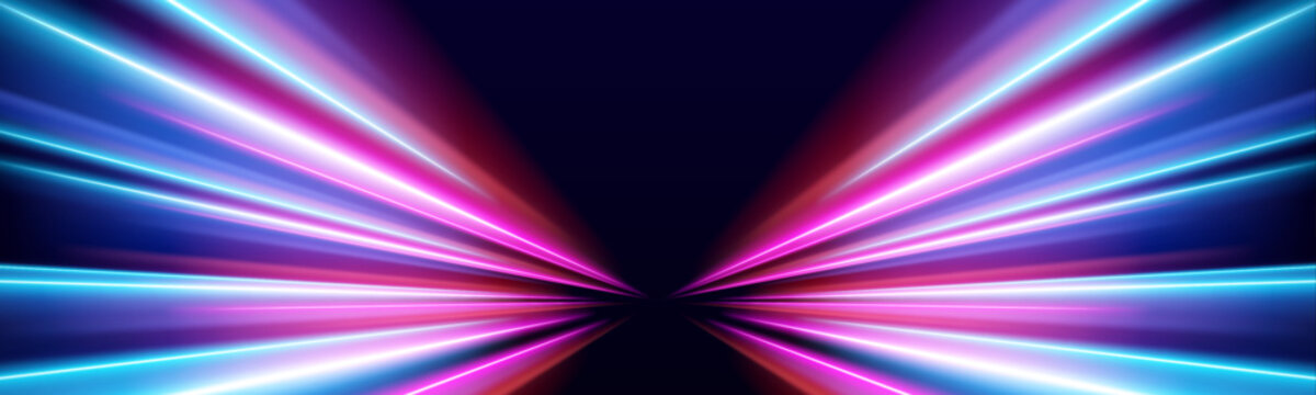 Bright straight neon lines combine turquoise and pink glowing effects. Clean luminous streaks create a modern futuristic appearance. Suitable for cyber backgrounds, interfaces, advertising, and digit