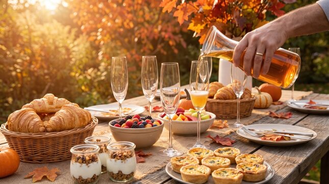 Elegant outdoor autumn catering provides a gourmet brunch spread with fresh pastries, seasonal fruits, and sparkling cider. Perfect for a memorable lifestyle event.