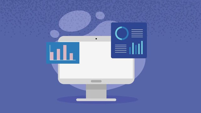 Animated desktop computer showing business growth charts and data analytics on blue background.