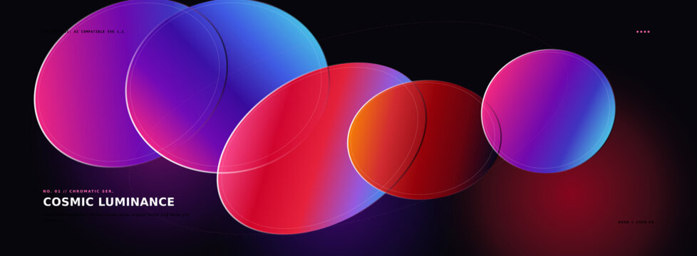 Cosmic luminance abstract background, vibrant glassmorphism circles with colorful gradients, futuristic glowing spheres on dark backdrop vector