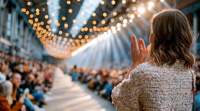 A captivated audience claps in applause during a fashion show, bathed in warm lights, highlighting the sophisticated atmosphere of creativity and style in the fashion industry.