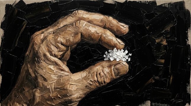Hand pinching grains in impasto style close up with dark background within Gandhi Ahimsa series