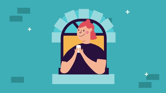 Young woman in house window scrolling on phone enjoying social media motion graphic.
