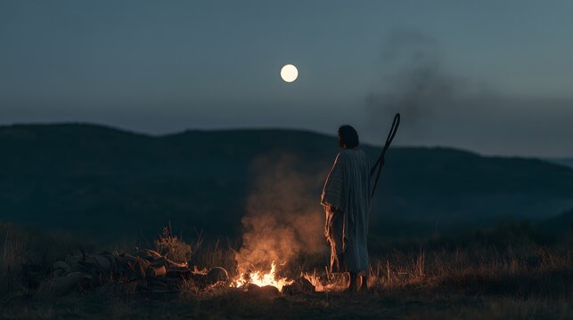 A lone shepherd standing by a campfire under a full moon in a vast, dark, and desolate landscape at night