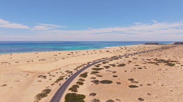 Aerial views of Corralejo town on the northeast coast of Fuerteventura, Canary Islands of Spain. It's known for Corralejo Natural Park, featuring windy, dune-backed beaches like Playa del Moro.
