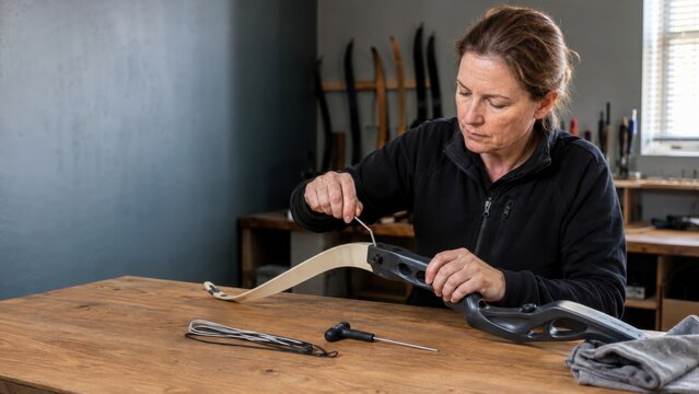 Female archer adjusting bowstring on a recurve bow at a wooden workbench in a well-lit workshop with archery equipment visible in the background