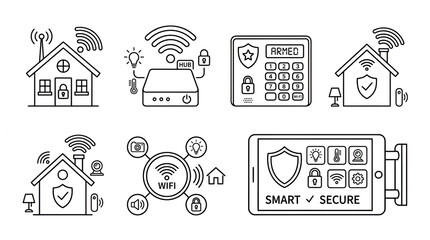 Obraz premium Smart Home Automation and Security System Line Art Icon Set