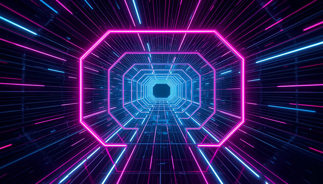 Futuristic abstract backgrounds with glowing neon geometric shapes, digital light networks, and sci-fi tunnels